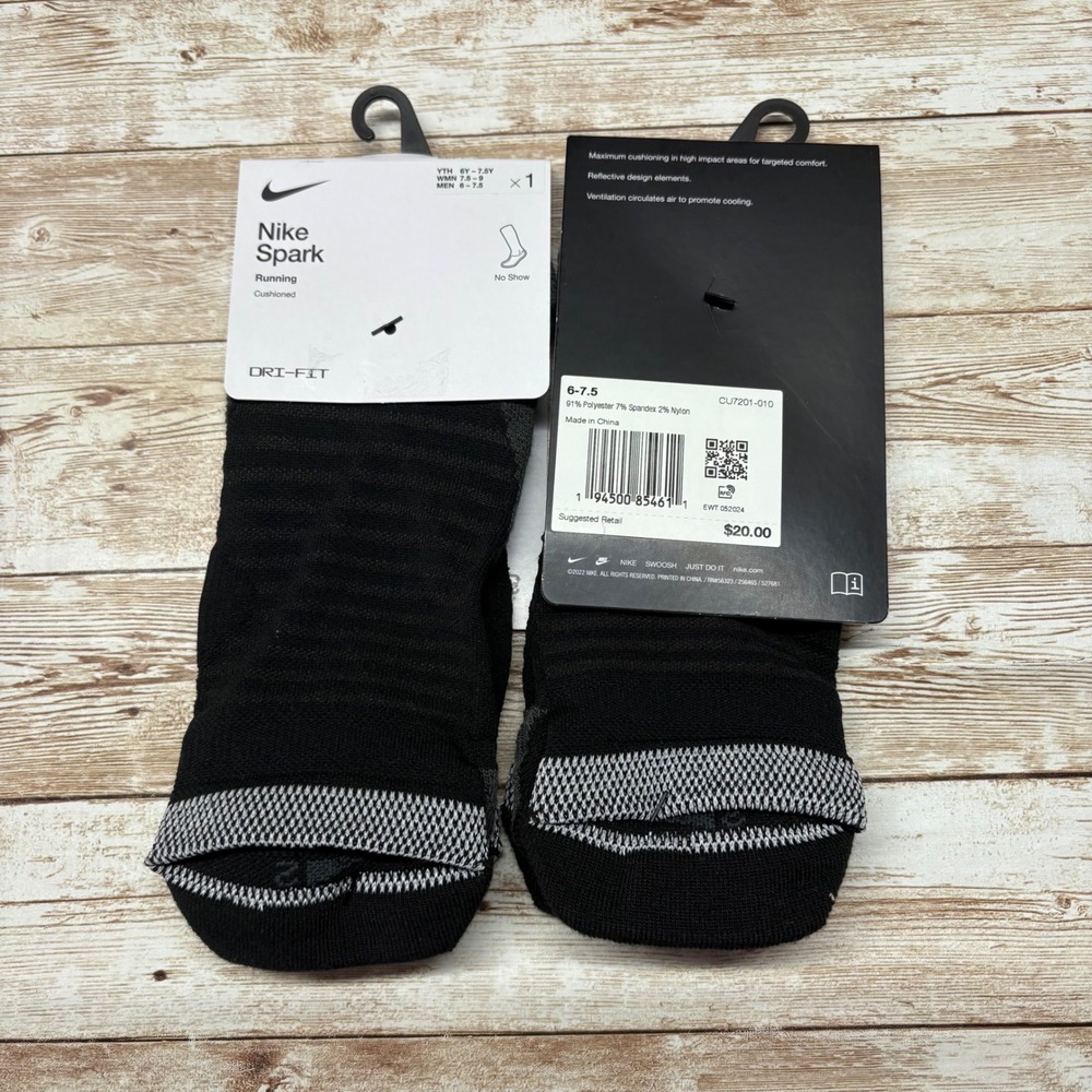 2 Nike Spark Running Socks Mens 6-7.5 Black Cushioned No Show Dri-FIT CU7201-010